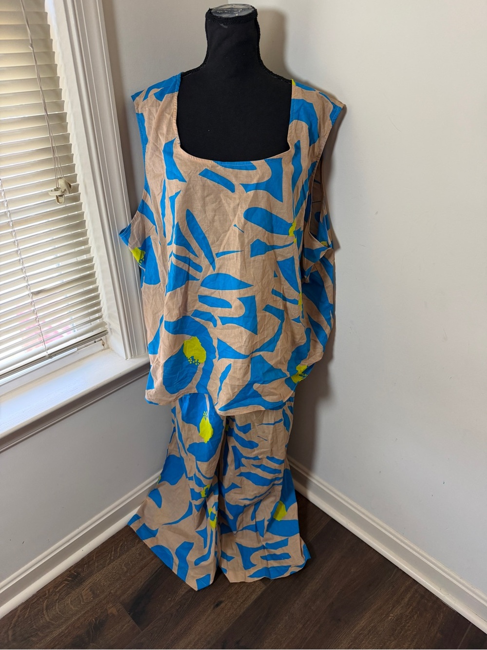 Ashley Stewart Plus Size 22/24 Linen 2 Piece Set Blue Beige Wide Leg Pants NWT